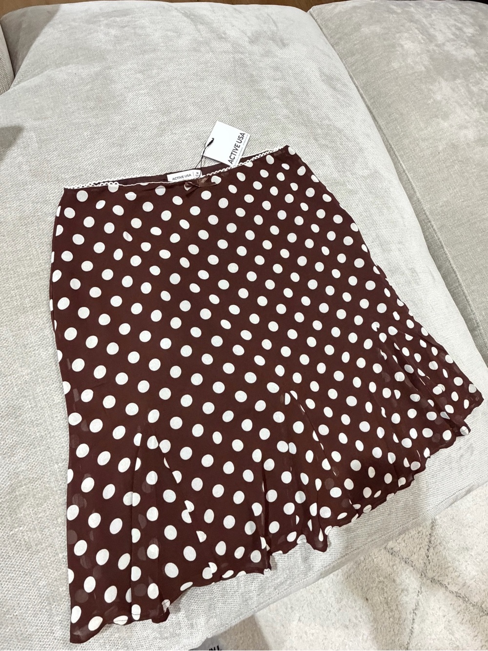 Active USA Brown and White Polka Dot Ruffle Hem Skater Skirt